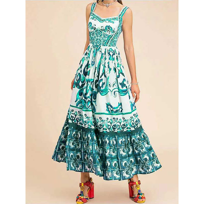 Women's Summer Printed Sleeveless Pleated Waist Tight Mid-length Sling Dress