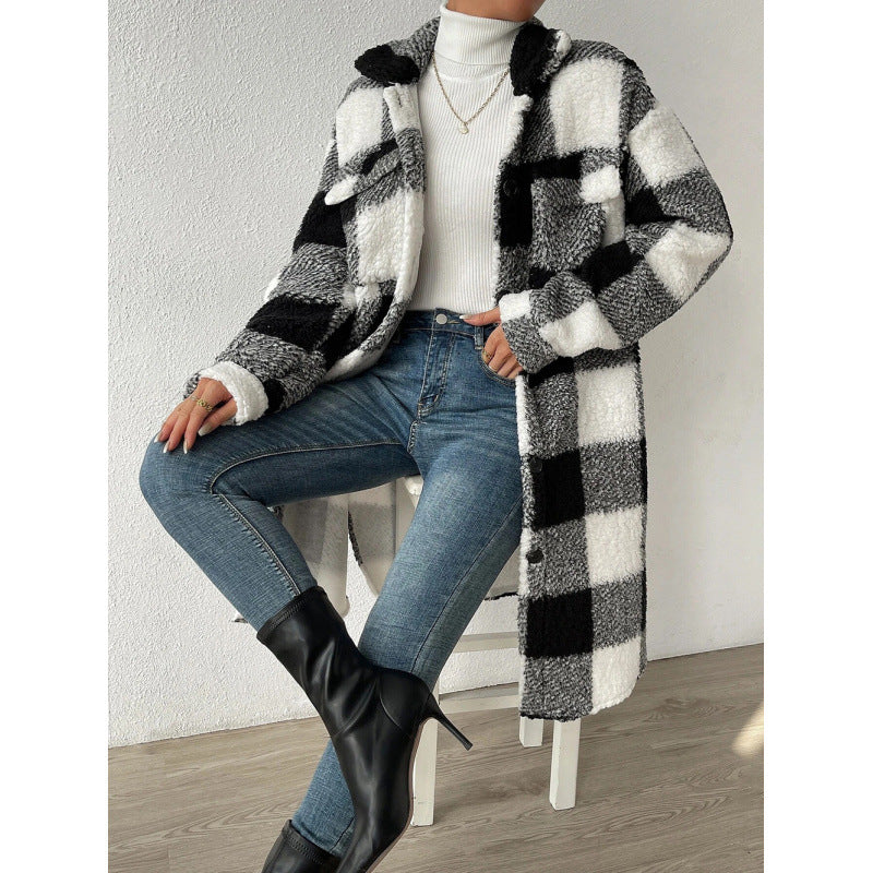 Women's Button Lapel Plush Plaid Loose Temperament Coats