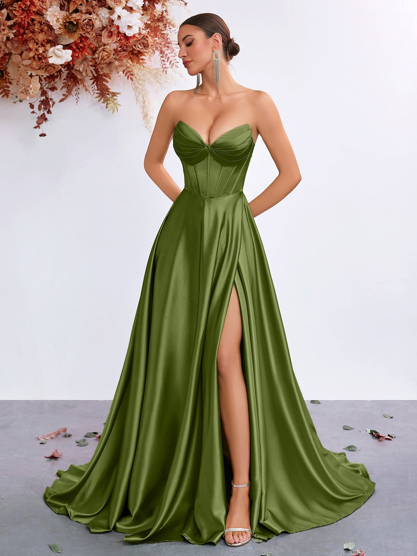 Satin Tube Tight Waist Fishbone Slim Fit Slit Long High-grade Dress