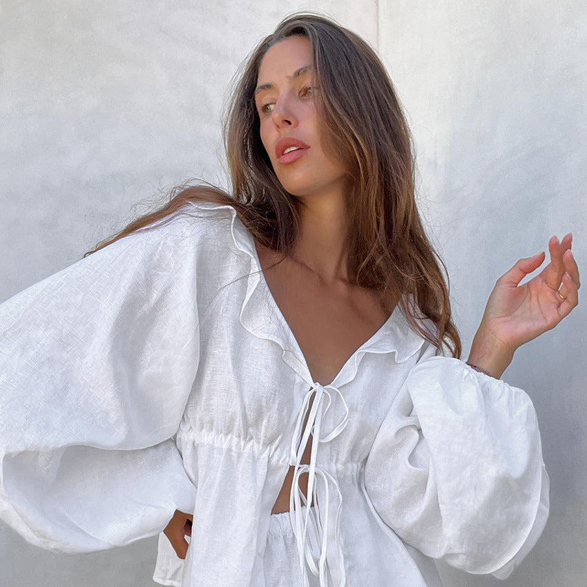 Women's Cotton Linen White Lantern Sleeve Summer Suits