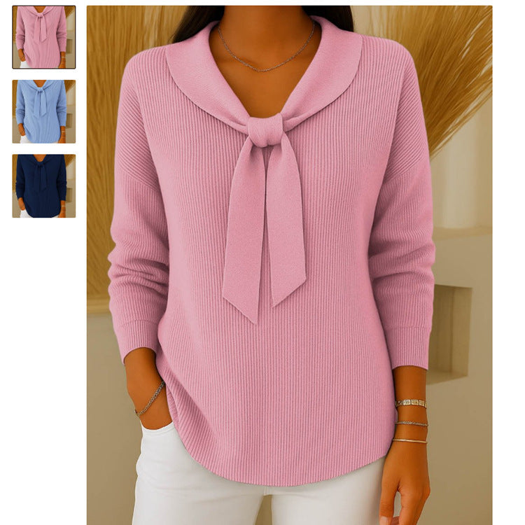 Unique Women's Knitted Bow Solid Color Tops