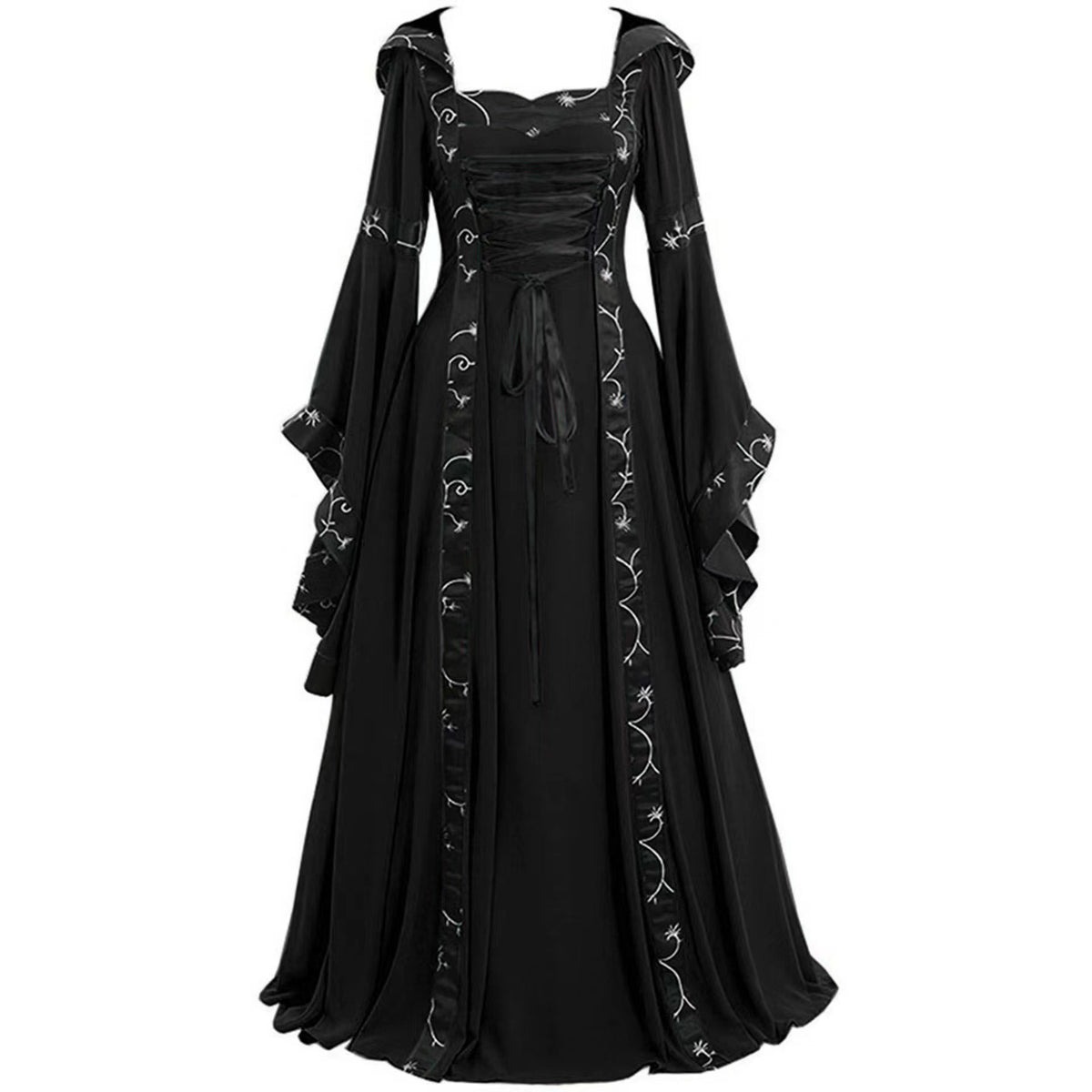 Medieval Retro Hooded Square Collar Lace Up Bell Sleeve Dress