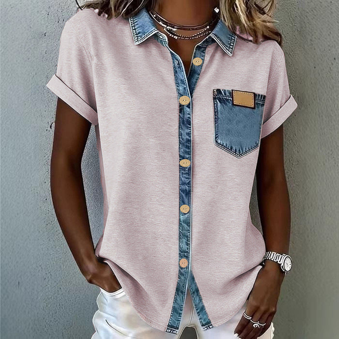 Women's American Retro Contrast Stitching Sleeves Pocket Shorts