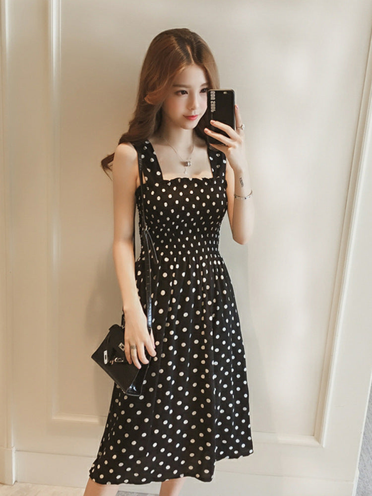 Women's Red Inner Strap Summer Mid-length Polka Dress