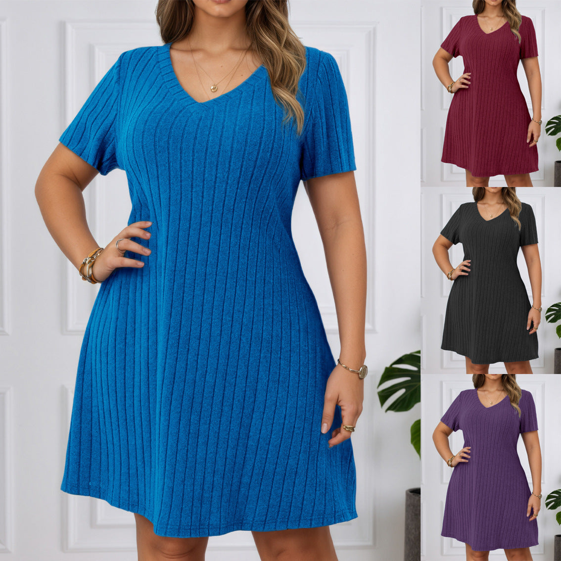 Women's Solid Color Sunken Stripe Sleeve Pullover Dress