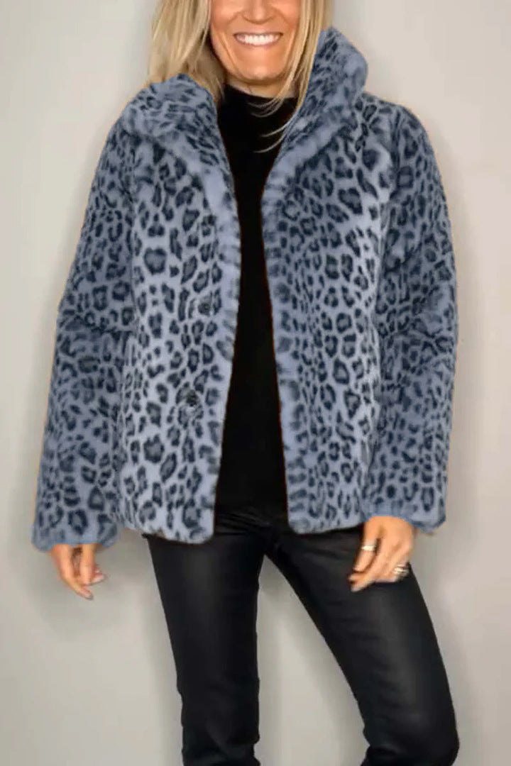 Women's Winter Fashionable Leopard Print Lapel Imitation Coats