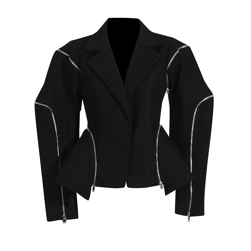 Women's Personality Trendy Style Zipper Design Irregular Blazers