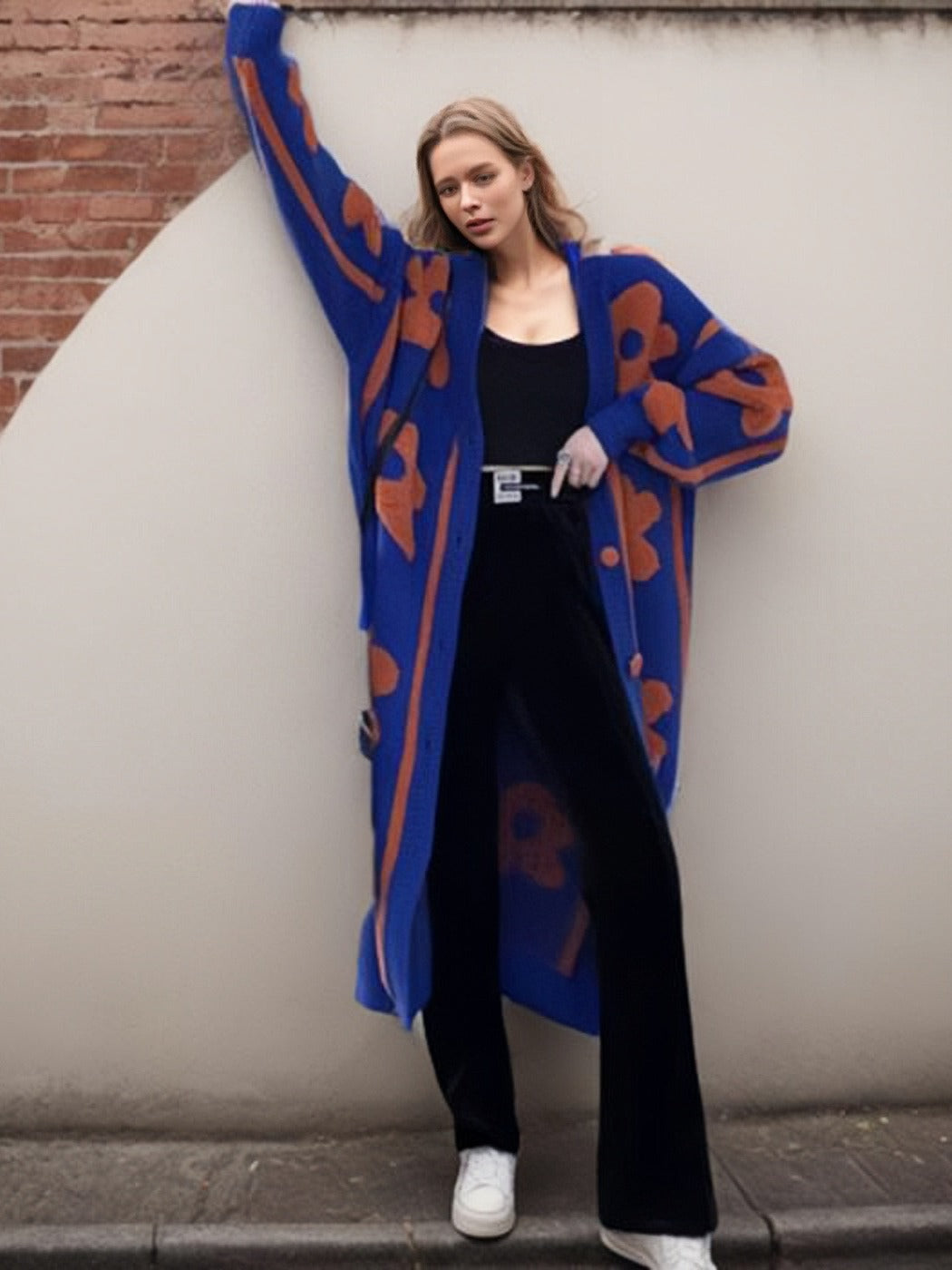 Women's Large Flower Jacquard Knitted Long Single-breasted Knitwear