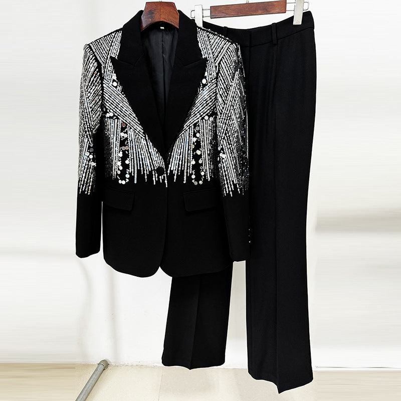 Nail Pearl Embroidery Sequins Two-piece Set Pants
