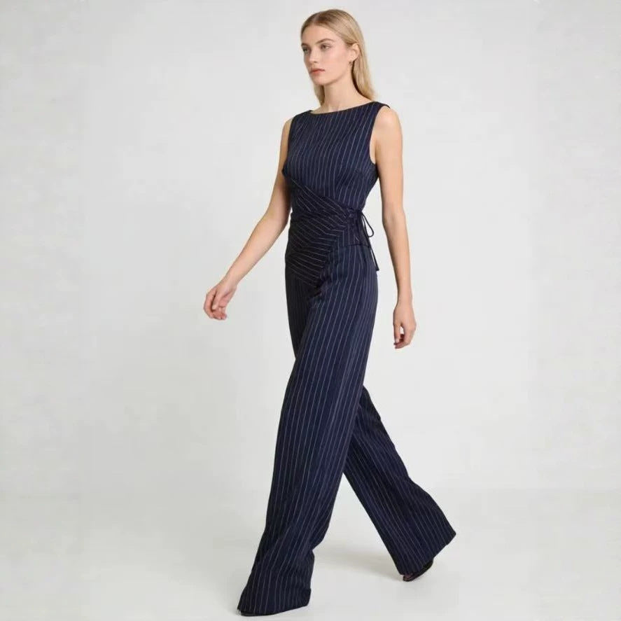 Temperament Bandage Round Neck Striped Sleeveless Fashion Casual Suit