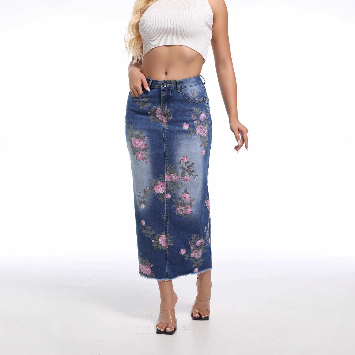 Women's New Printed Midi Denim Dress Skirts