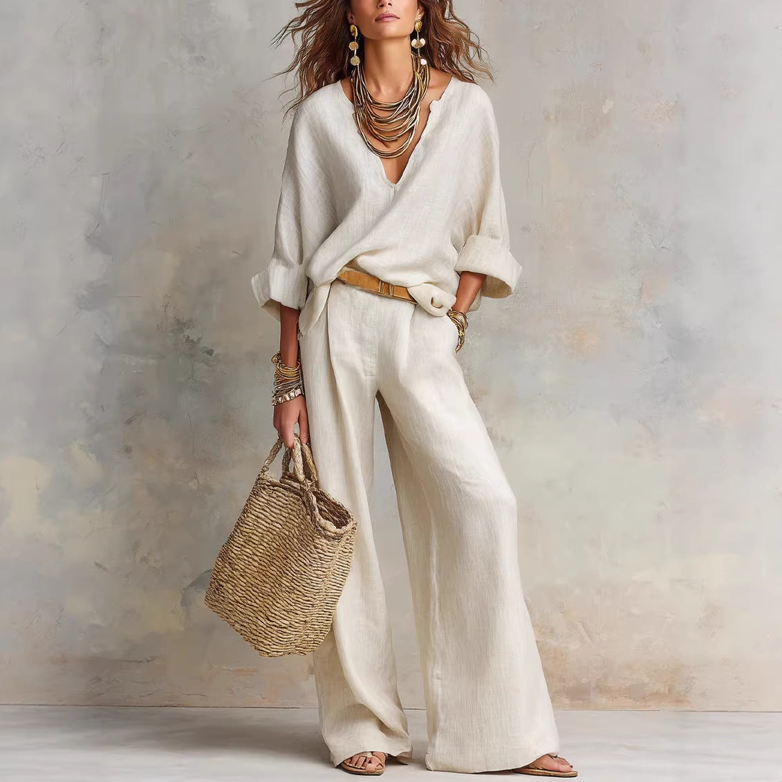 Versatile Natural Linen Loose Vacation Two-piece Fashion Casual Suit