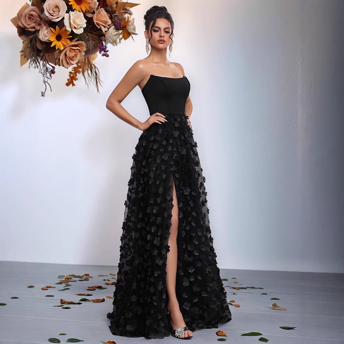 Type Three-dimensional Petals Mesh High Waist Side Slit Dress