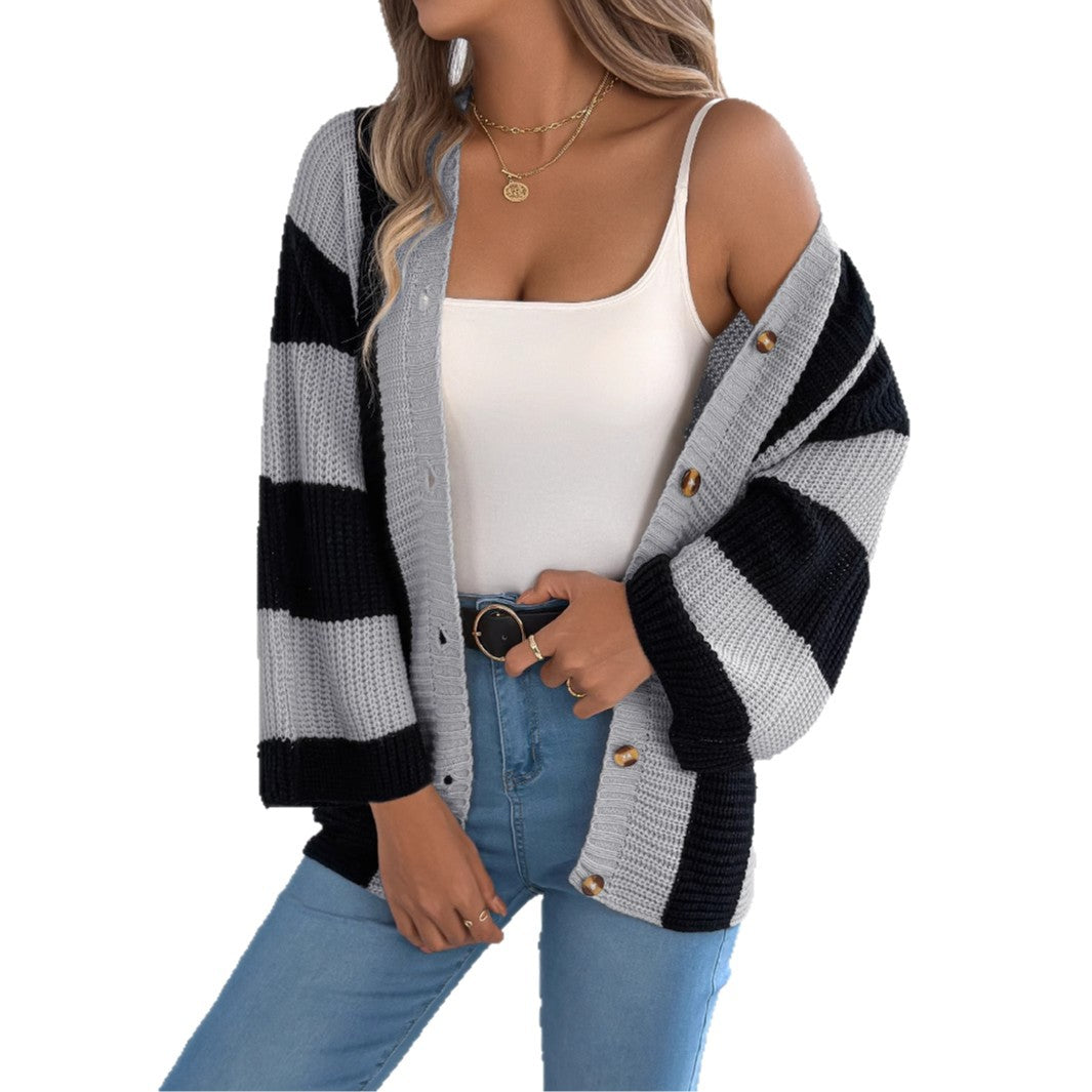Women's Contrast Color Striped Flared Sleeve Mid-length Clothing