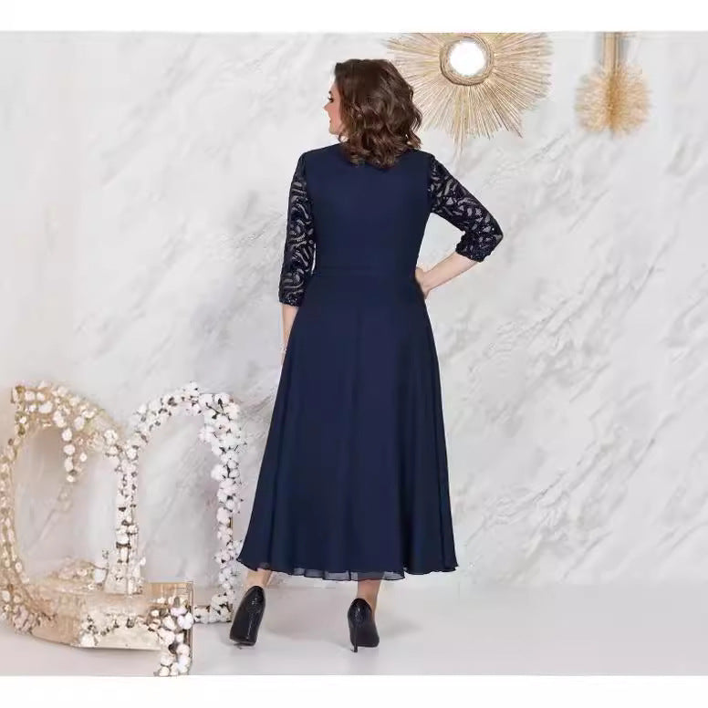 Women's Section Dress Stitching Lace Chiffon Slim Plus Size