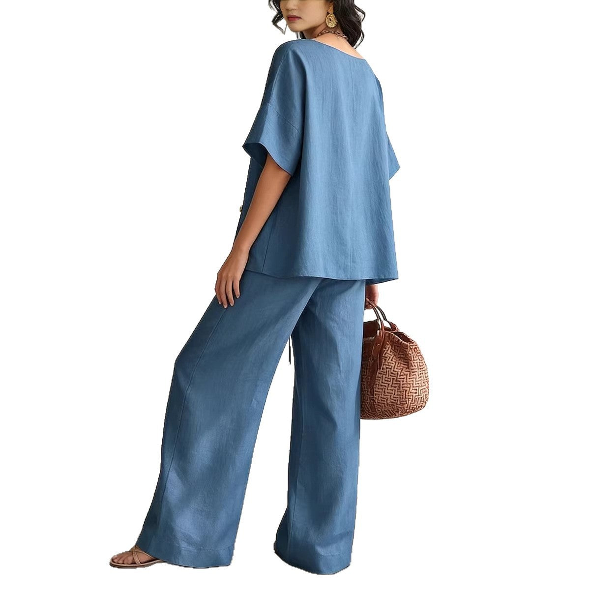 Women's Solid Color Loose Short-sleeved Drawstring Trousers Suits