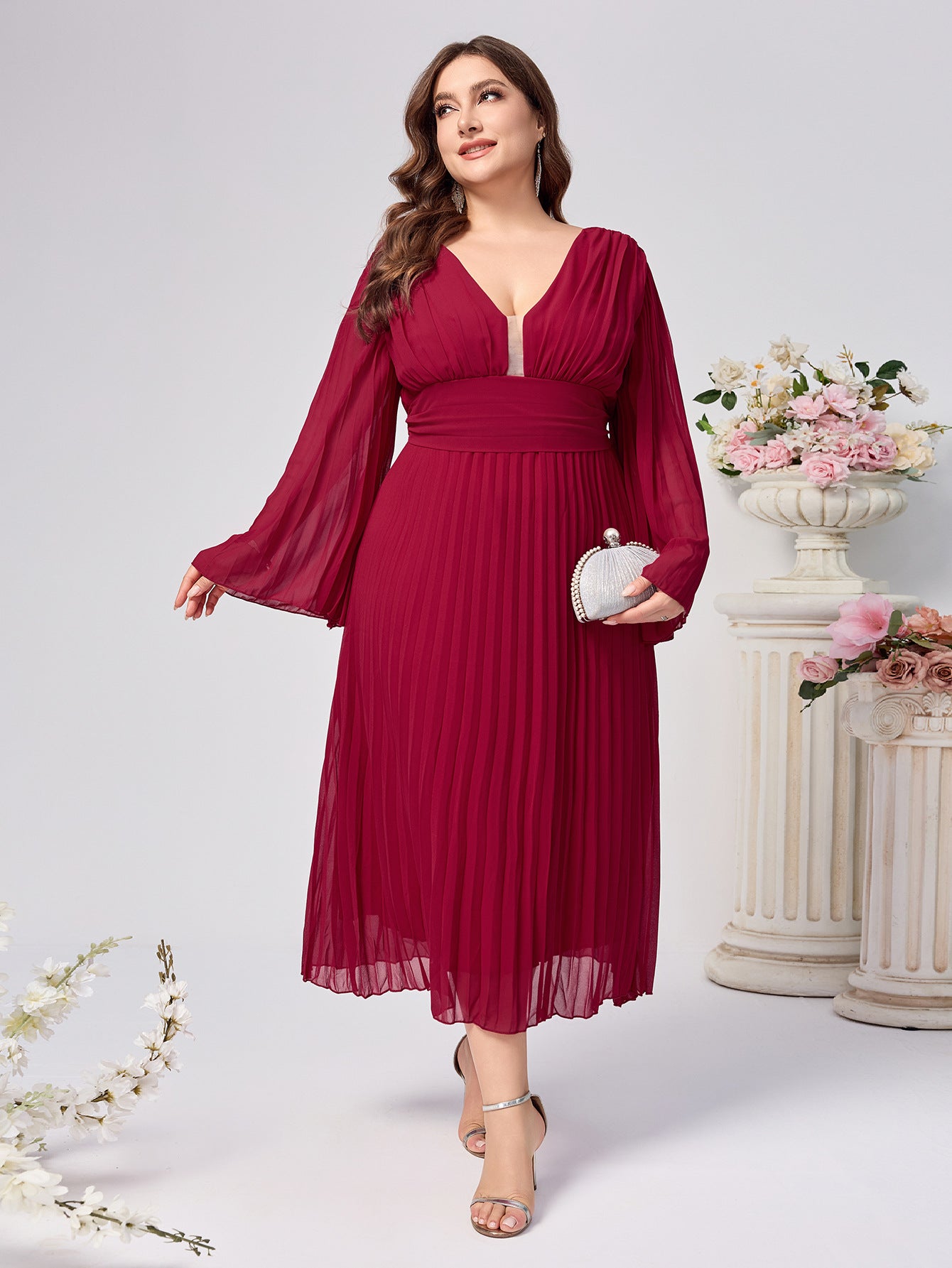 Women's Dress Sexy Pleated Long Sleeve Chiffon Plus Size
