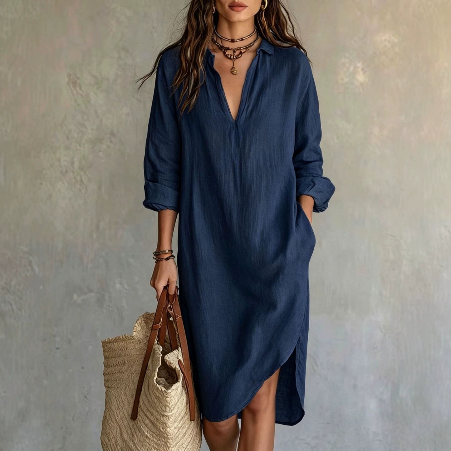 Fashion Shirt Loose Mid-length Slit Idle Style Seaside Dress