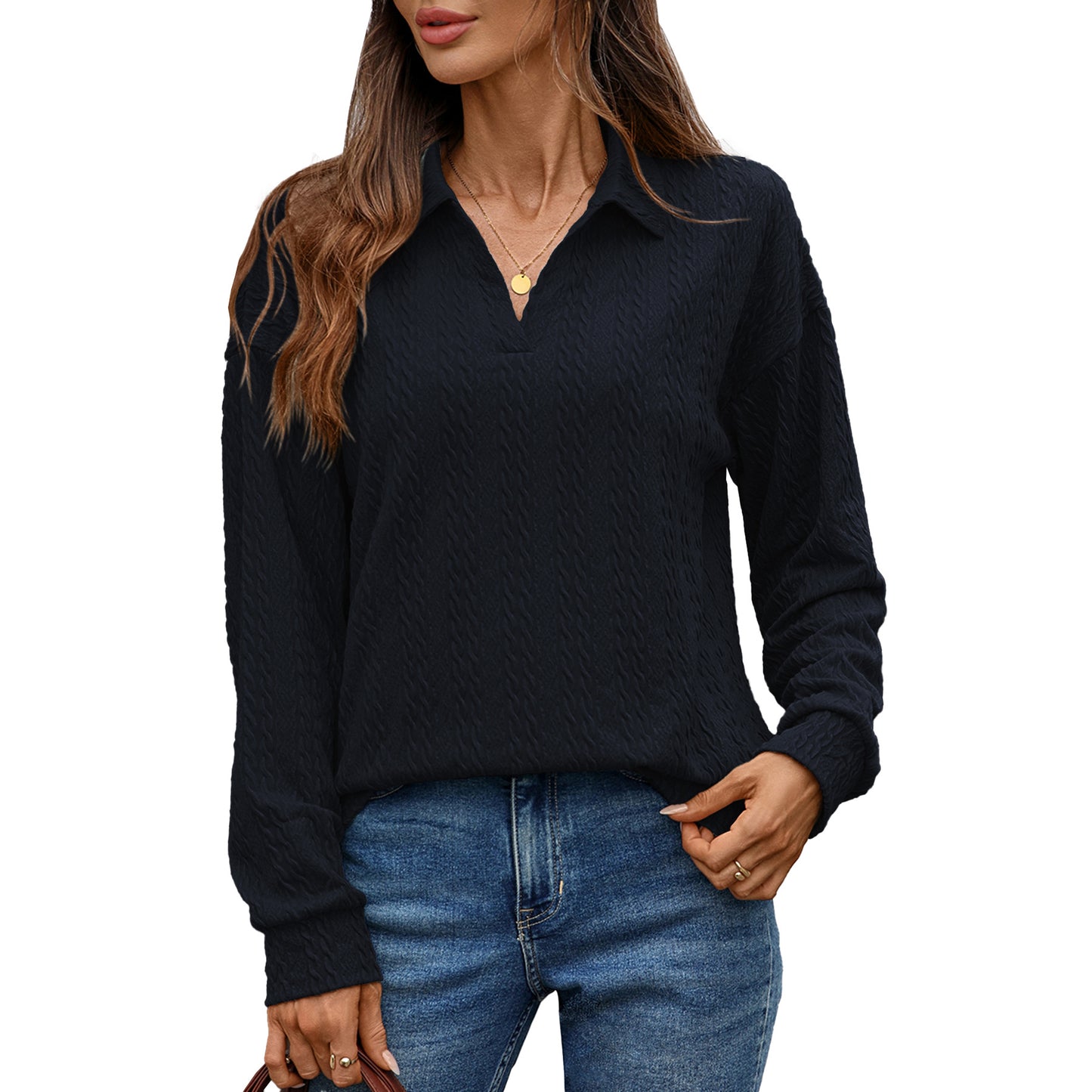 Women's Solid Color Pullover Sweatshirt Loose Lapel Long Sleeves Women's Sweater, Sweater