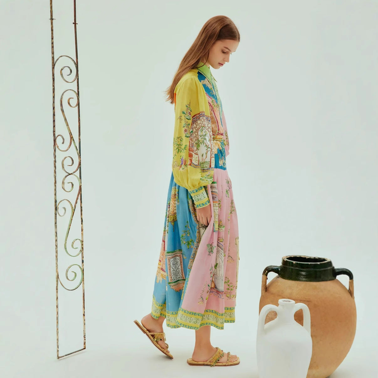 Single-breasted Long Lantern Sleeve Iti Printing Dress