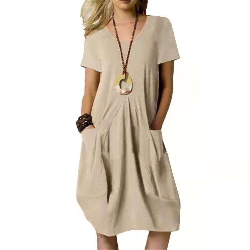 Cotton Linen Solid Color Loose Round Dress
