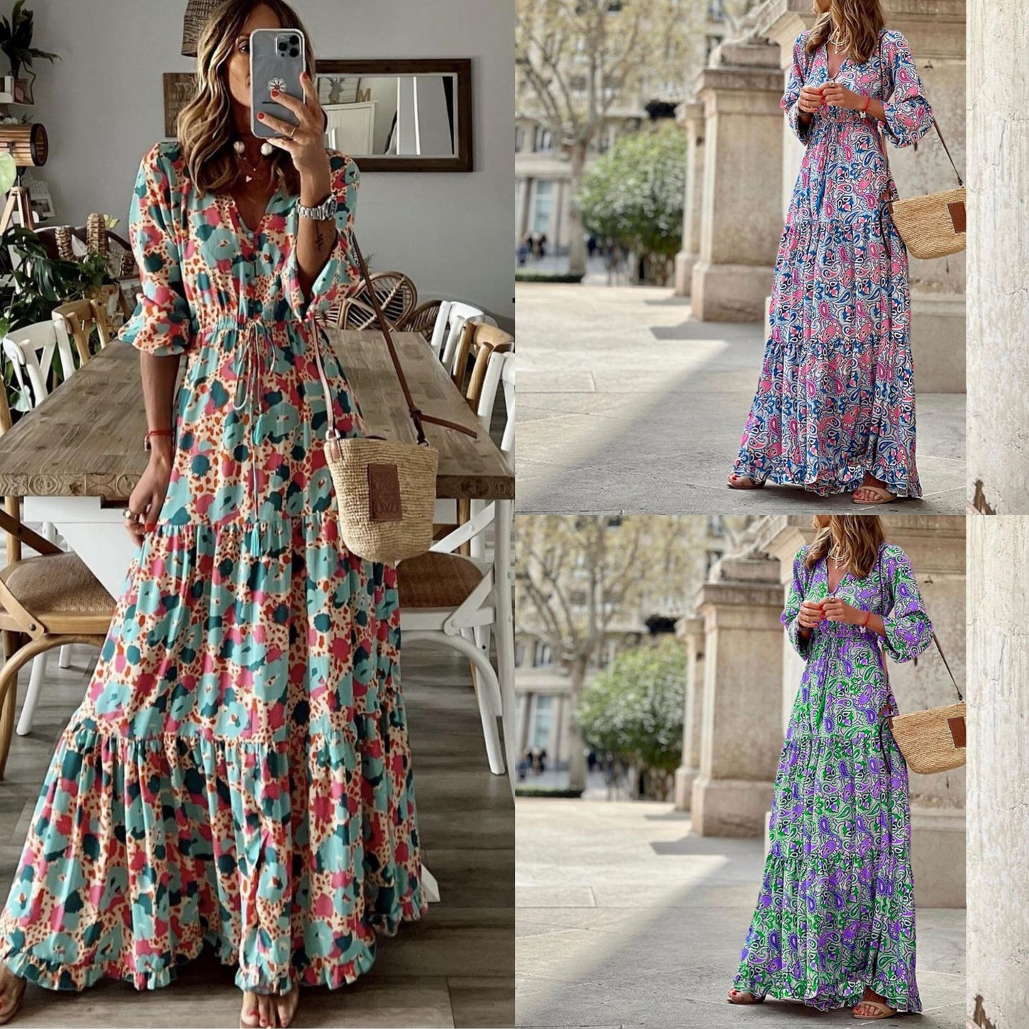 Women's Spring Elegant Bohemian Printed Large Swing Dress