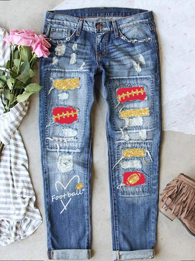 Women's Street Printing Ripped Straight Denim Trousers Jeans