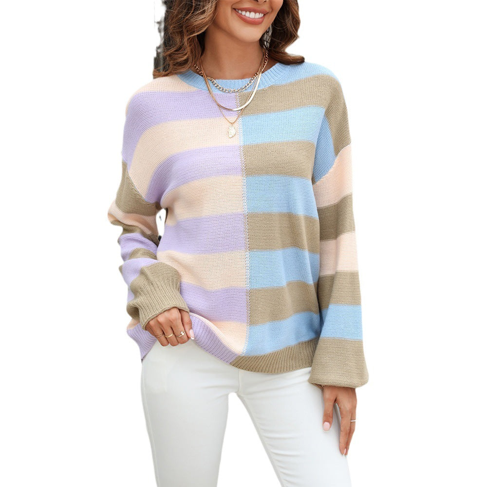 Women's Patchwork Stripes Contrast Color Round Neck Sweater