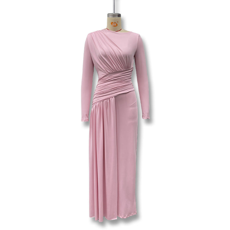 Women's Color Round Neck Asymmetric Fold Slim Fit Dress