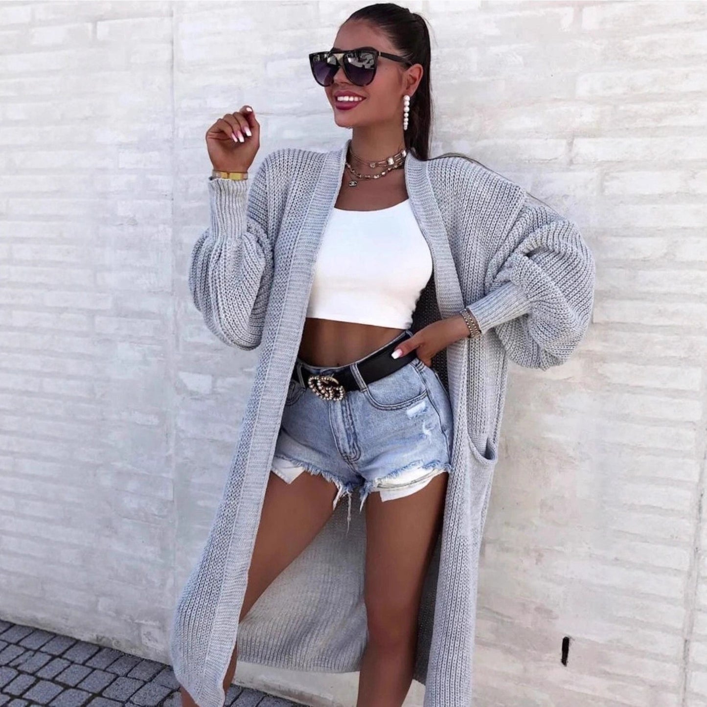 Women's Solid Color Long Pocket Thick Needle Knitwear