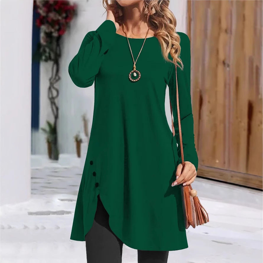 Women's Round Neck Solid Color Long Sleeve Dress