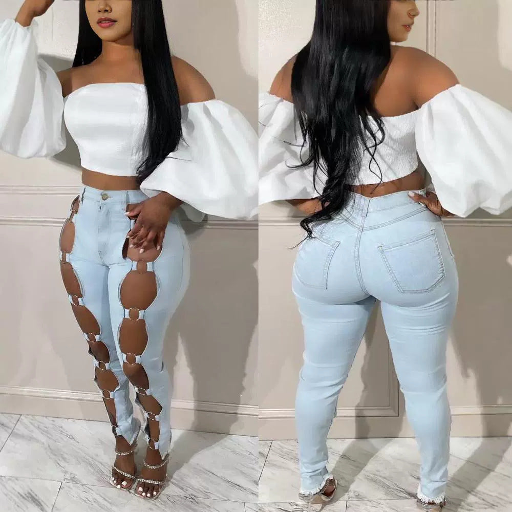 Fashion Holes Steel Ring Stitching Skinny Jeans