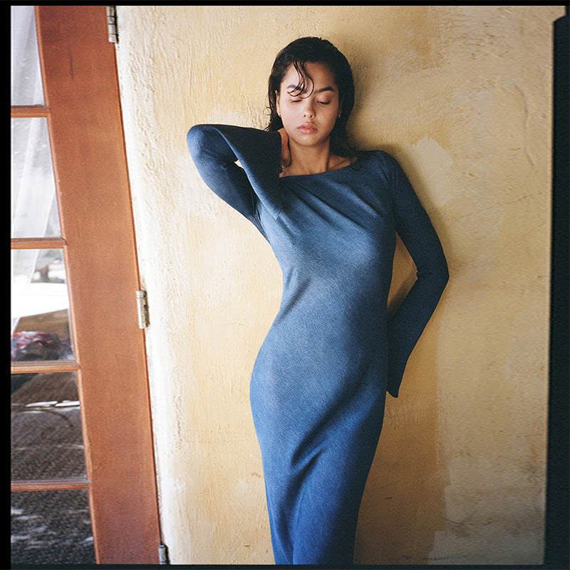 Women's Blue Sexy Silk Long Sleeve Dress Sun Protection Dresses