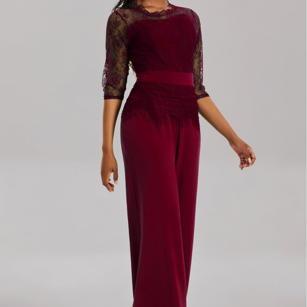 Casual Lace Stitching High Waist Pure Color Sexy Slim Pants