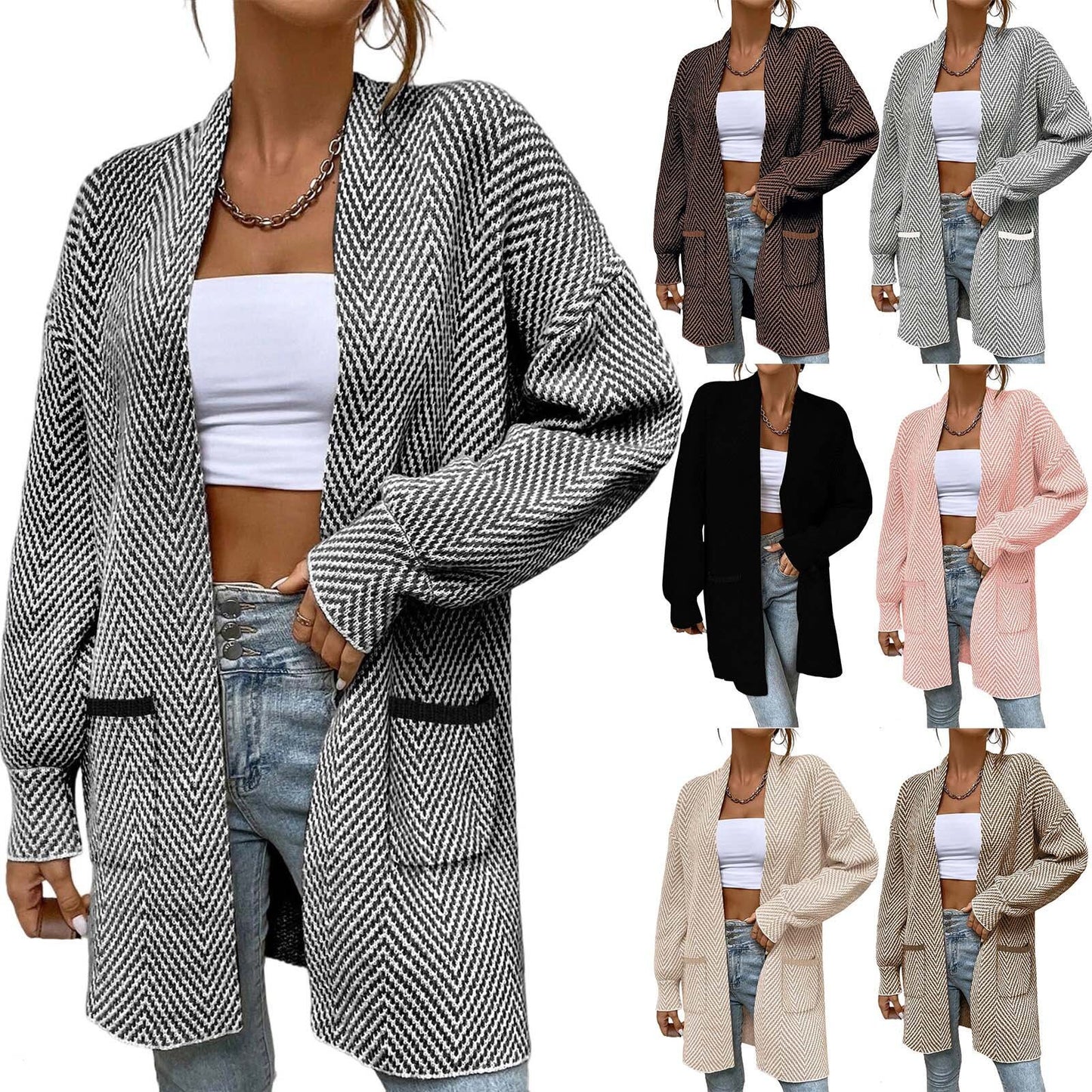 Women's Fashion Long Sleeve Knitted Pocket Shirt Loose Cardigans