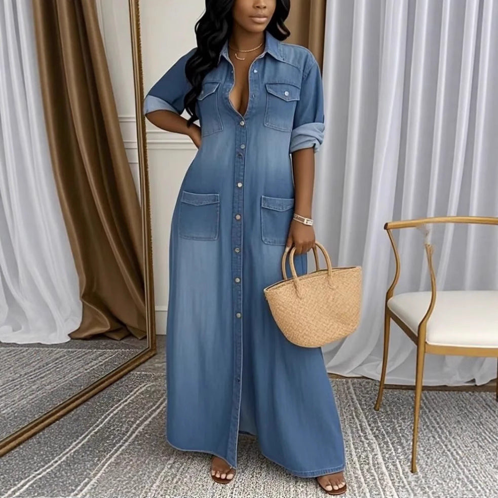 Women's Wear Lapel Wash Patchwork Pocket Casual Dresses