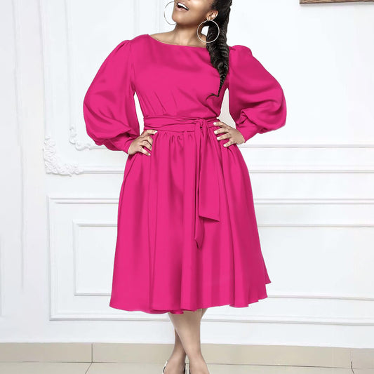 Women's Spring Long-sleeved Round Neck Solid Color A- Dress