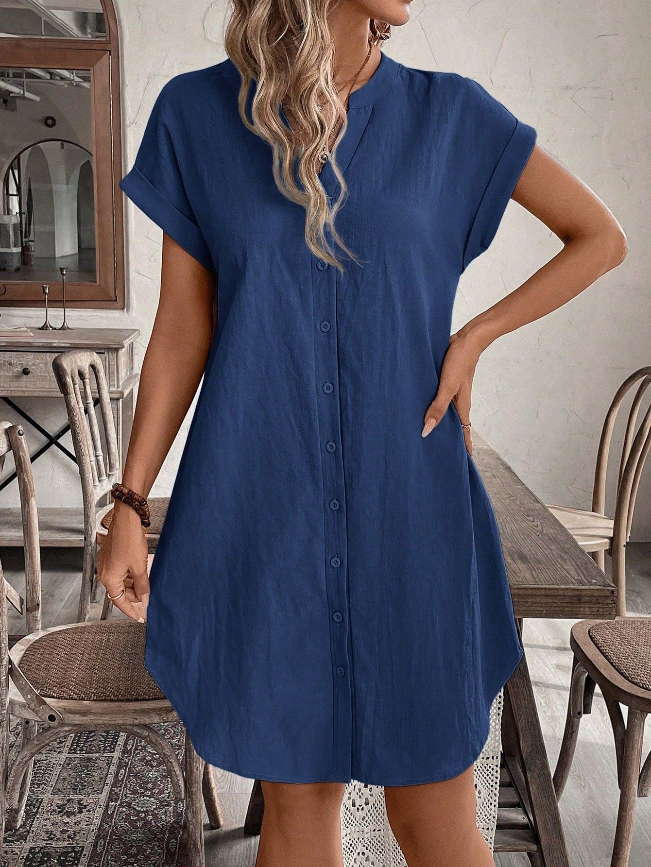 Women's Solid Color Short-sleeved Single-breasted Casual Seaside Dress