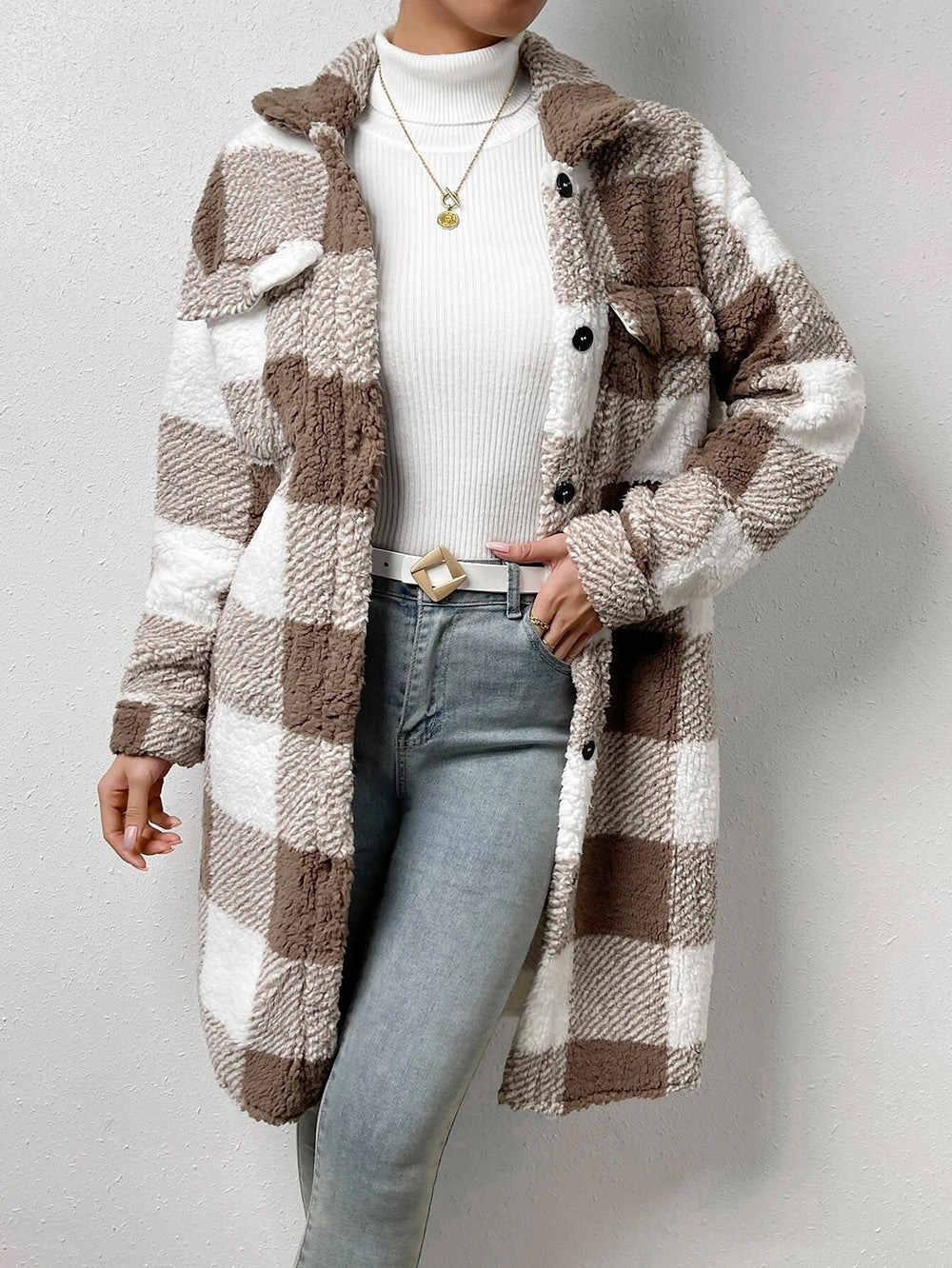 Women's Open Button Lapel Plush Plaid Loose Coats