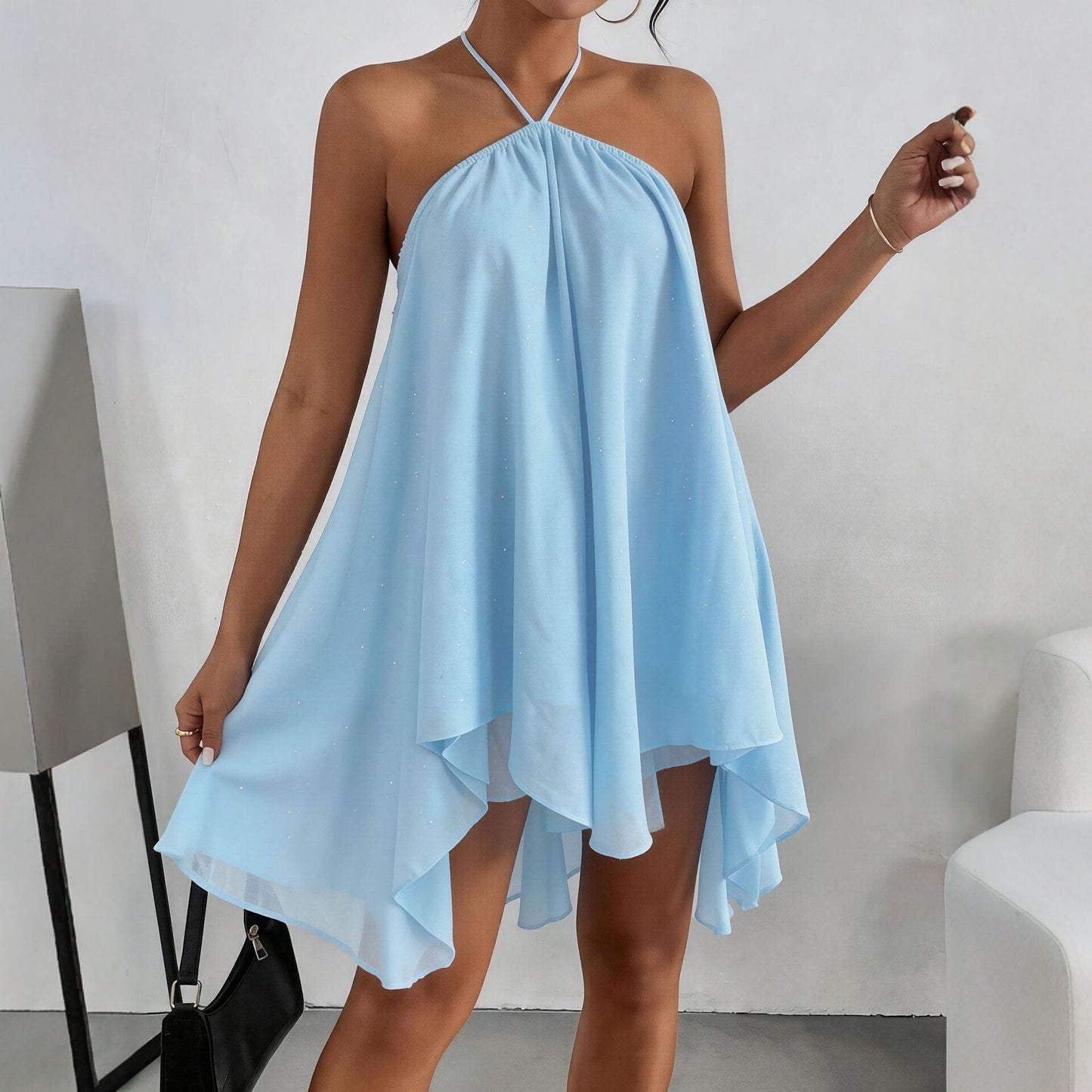Women's Sequin Sling Early Summer Exquisite Backless Irregular Female Dress