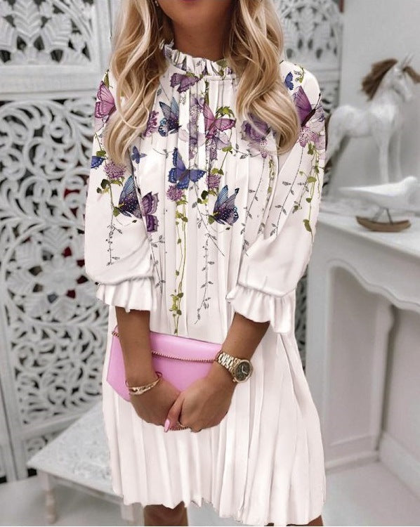 Classy Women's Printed Pleated Sleeve Pullover Dress