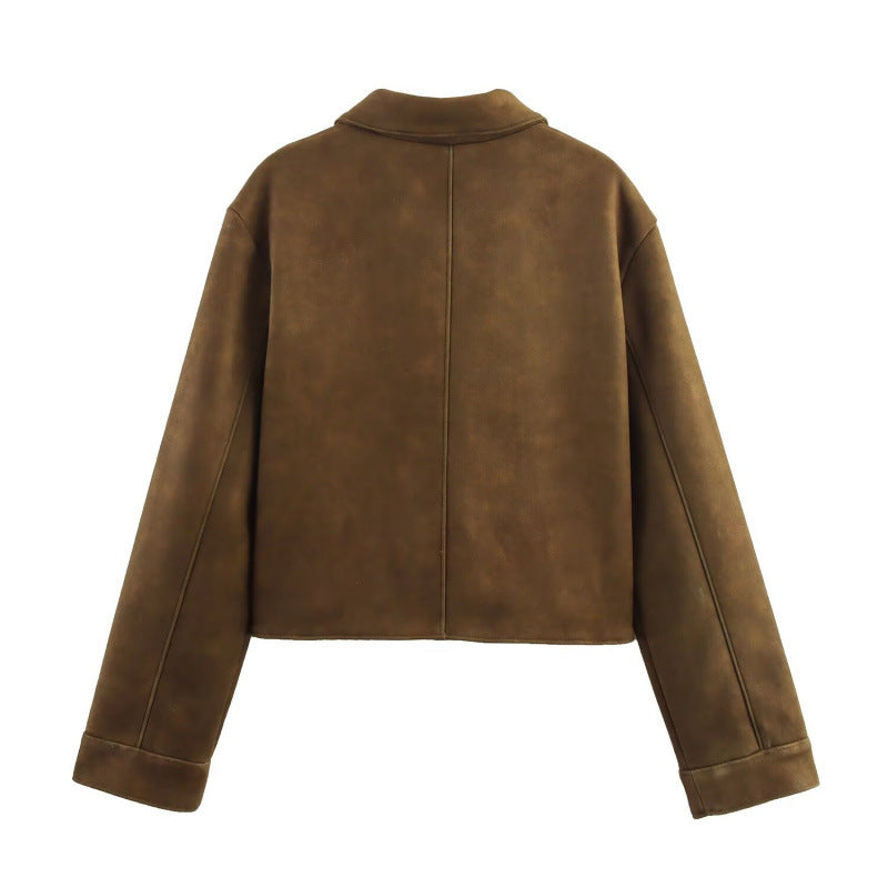 Women's Suede Effect Lapel Long Sleeve Jackets