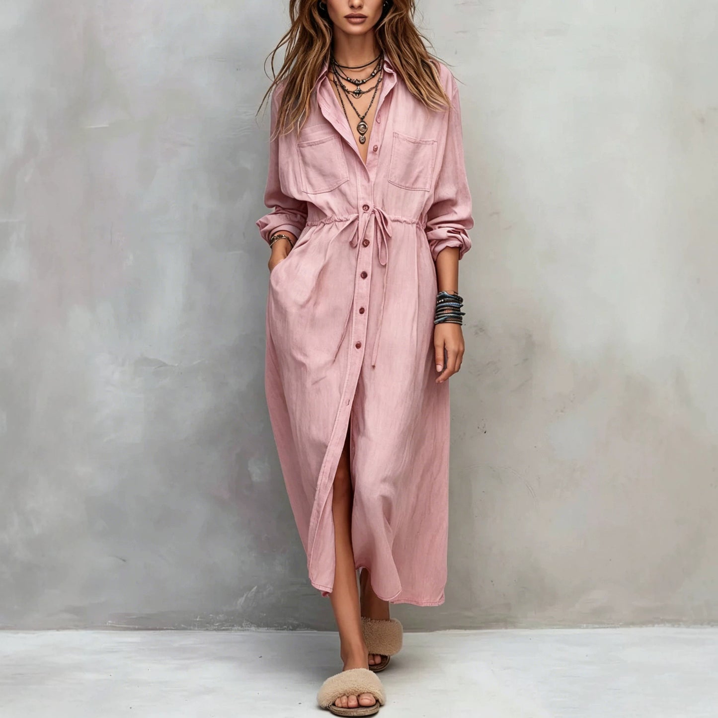 Casual Drawstring Fitted Waist Shirt Loose Dress