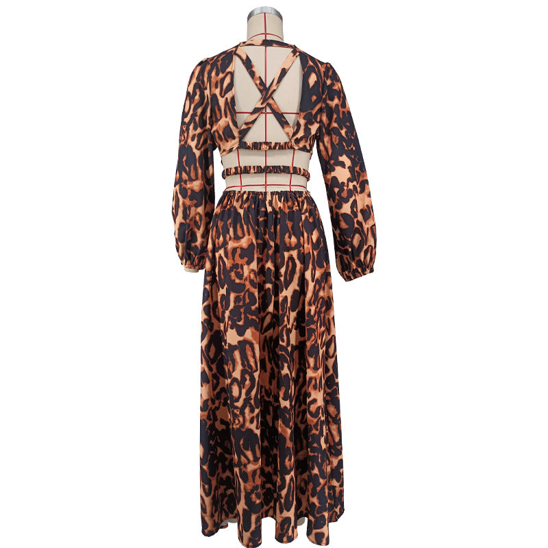 Women's Backless Midriff Outfit Sexy Leopard Print Long Sleeve Comfortable Dress
