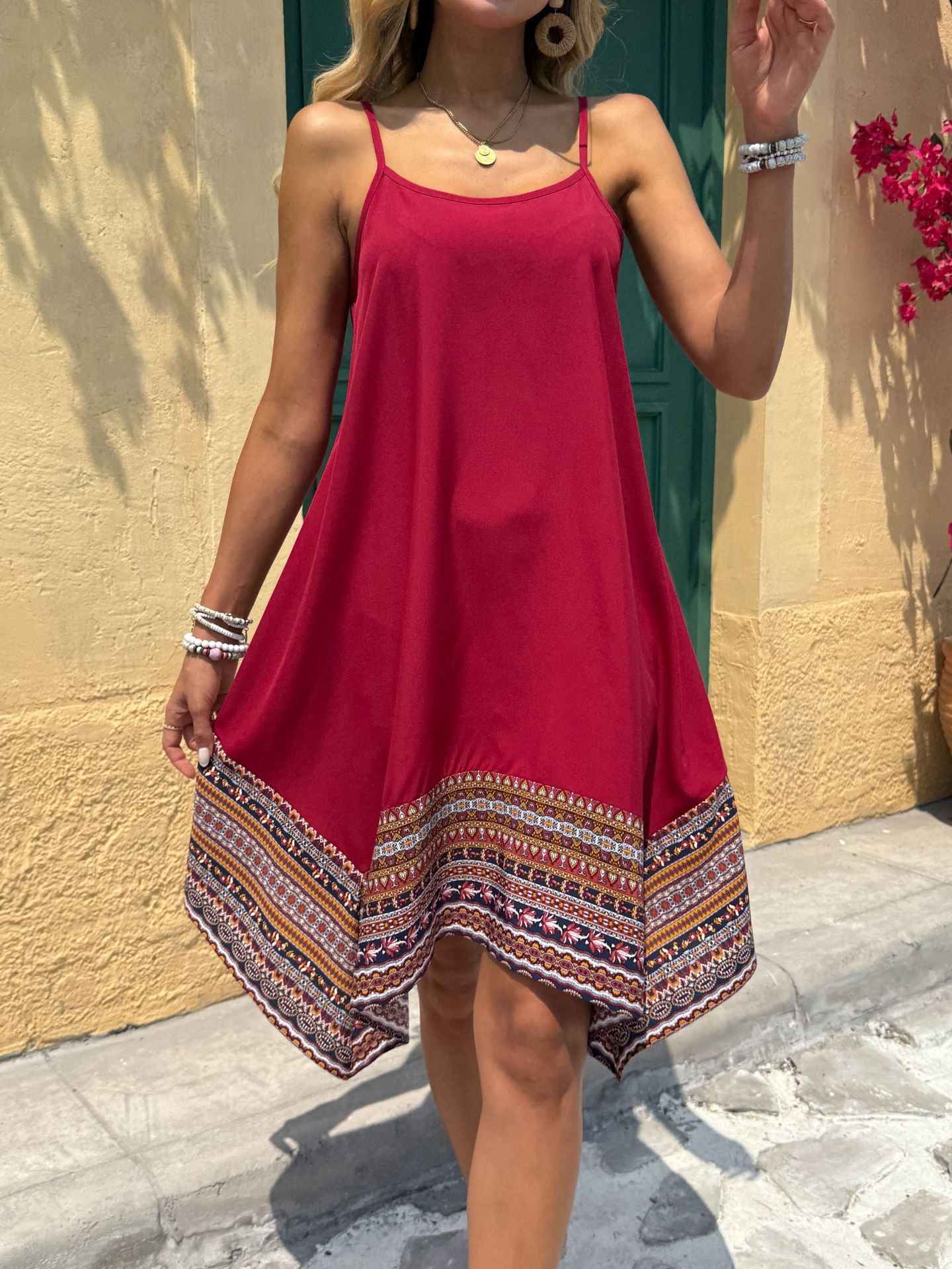 Summer Sling Stitching Printing Irregular Hem Dress