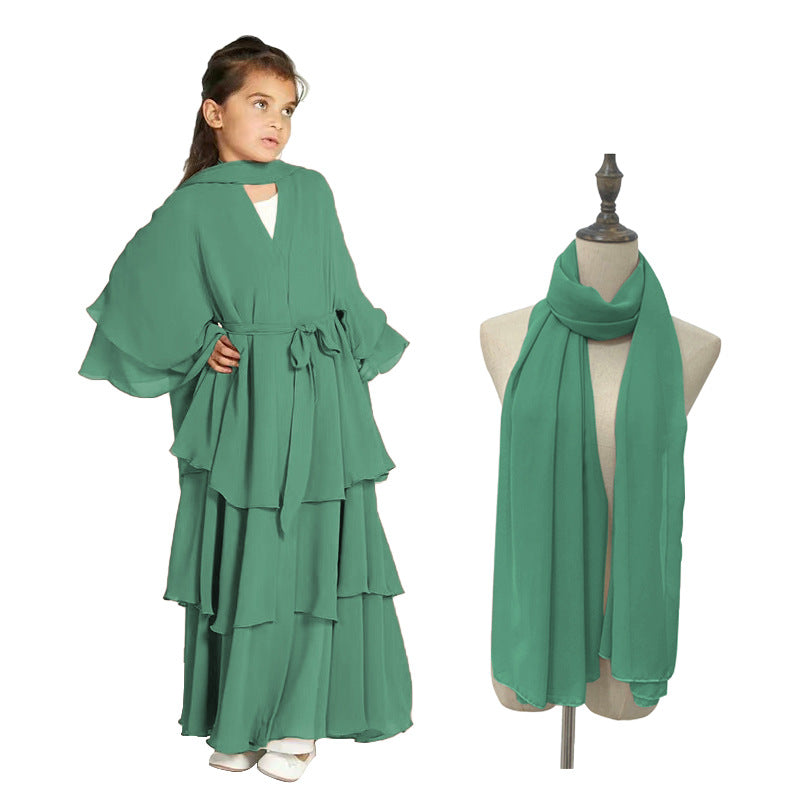 Children's Chiffon Elegant Belted With Scarf Sweet Dress
