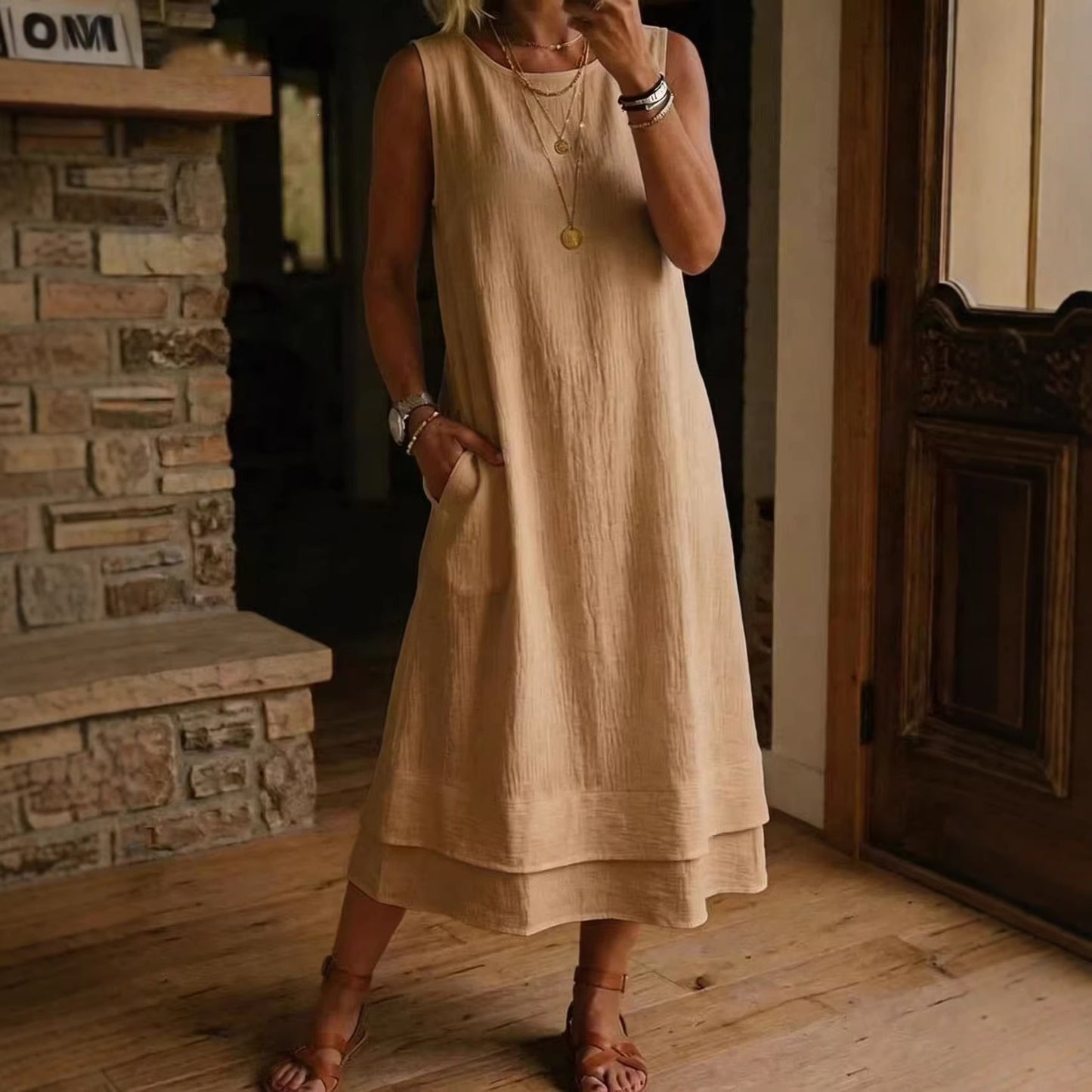 Fashion Casual Round Neck Pocket Long Solid Dress