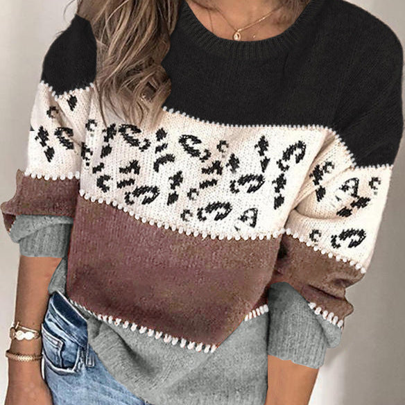 Spring Personality Leopard Splicing Fashionable Knitted Pullover Knitting Women's Sweater