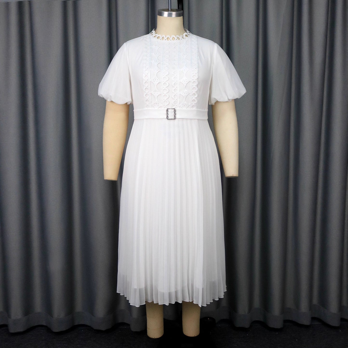 Women's Hollow Dress Puff Sleeve Rhinestone Buckle Pleated Dresses