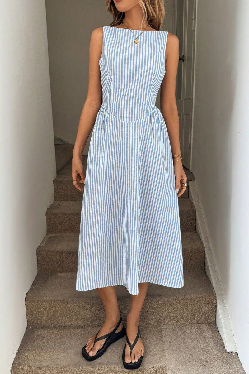 Cool Simple Round Neck Waist Trimming Slimming Temperament Dress